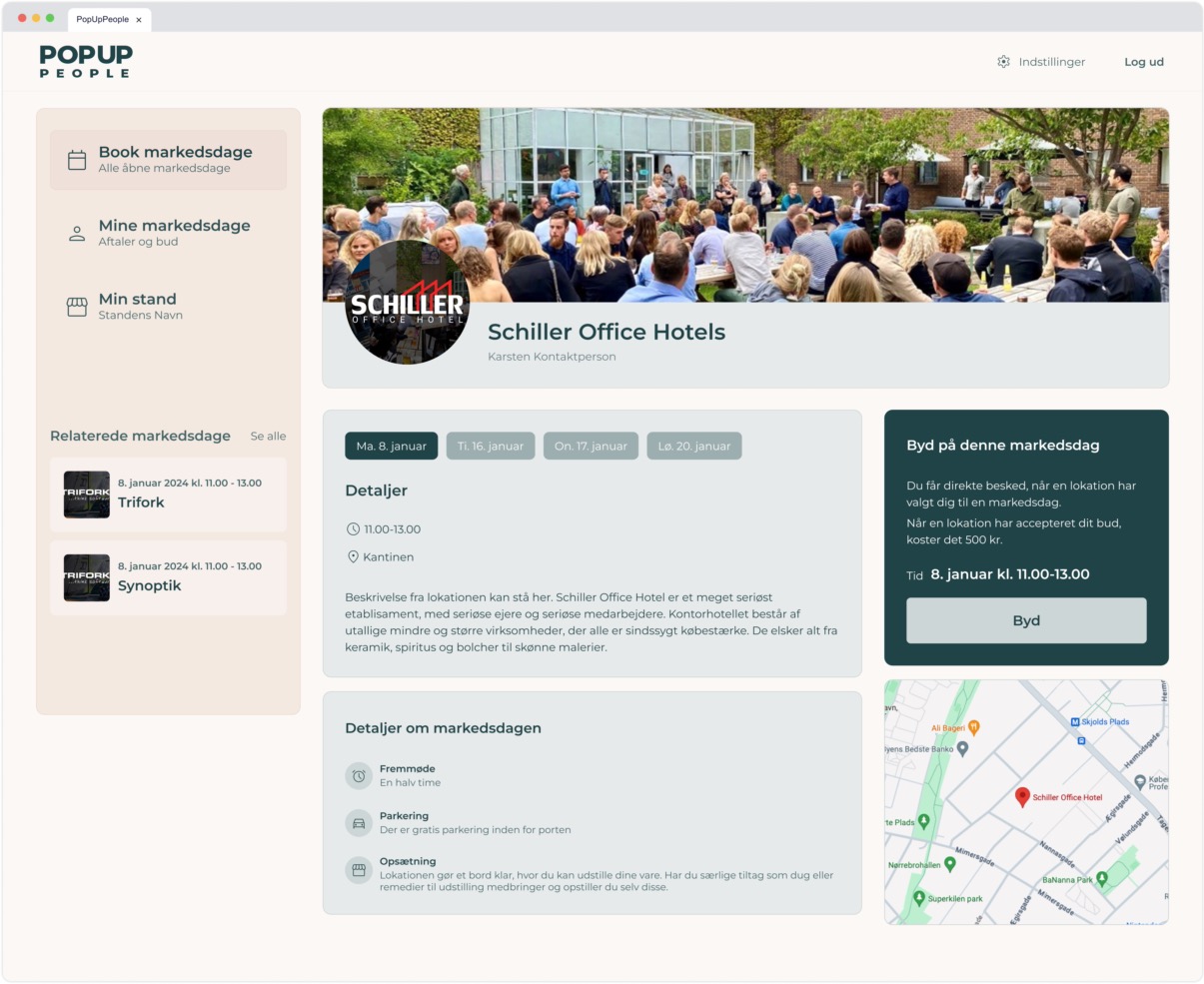My market days page featuring a calendar highlighting booked dates, a summary of upcoming market days, and a list of bids placed by the user.